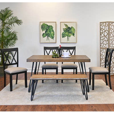 Ensemble de salle à manger Arroyo avec table en épingle à cheveux, chaises à dossier croisé et banc, idéal pour les réunions de famille et les repas décontractés