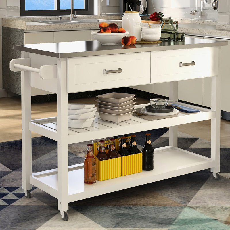 Chariot de cuisine blanc avec deux tiroirs et une table en acier inoxydable