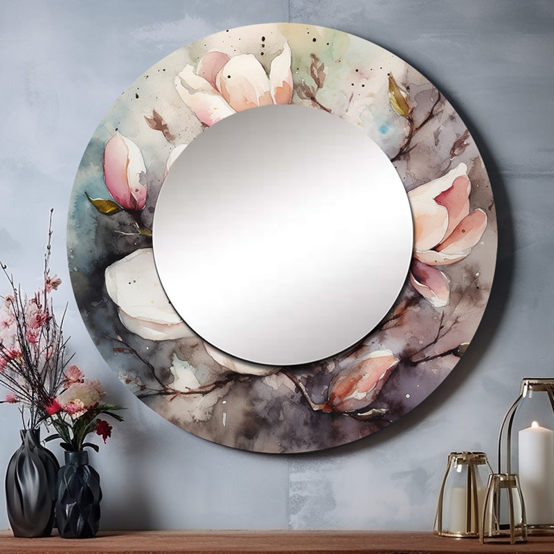 Quinntin rose Magnolia Symphony I - grand miroir Magnolias, miroir mural décoratif rond traditionnel, impression d'art en métal