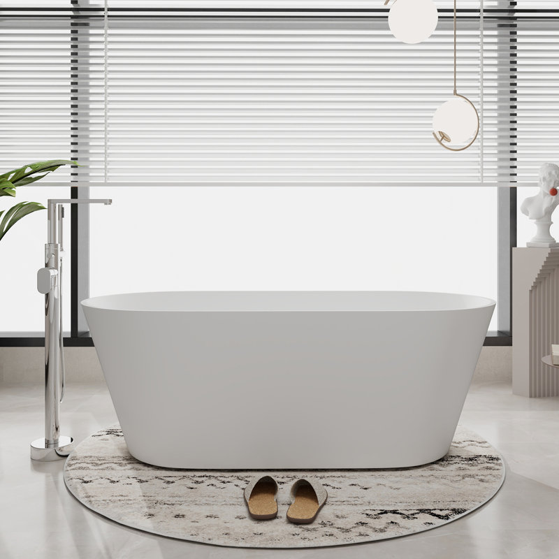 63"  x 30"  Freestanding Solid Surface Soaking Bathtub with Pop-Up Drain & Overflow, Matte White