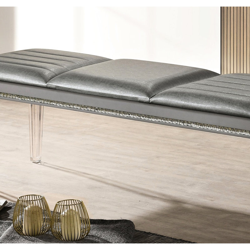 Banc de chambre à coucher avec structure en bois massif et pieds en acrylique avec cristaux de couleur argentée