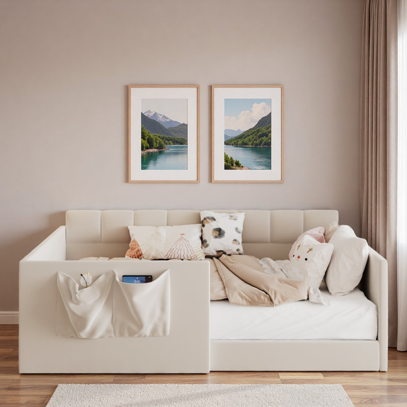 Velvet Upholstered Daybed With Side Storage Pockets And Grid Design, Beige, Full / Double