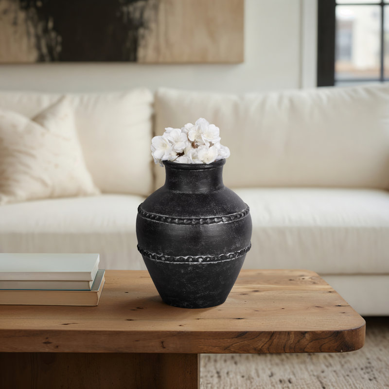 Traditional Terracotta Vase, 12" H x 10" W x 10" D, Black