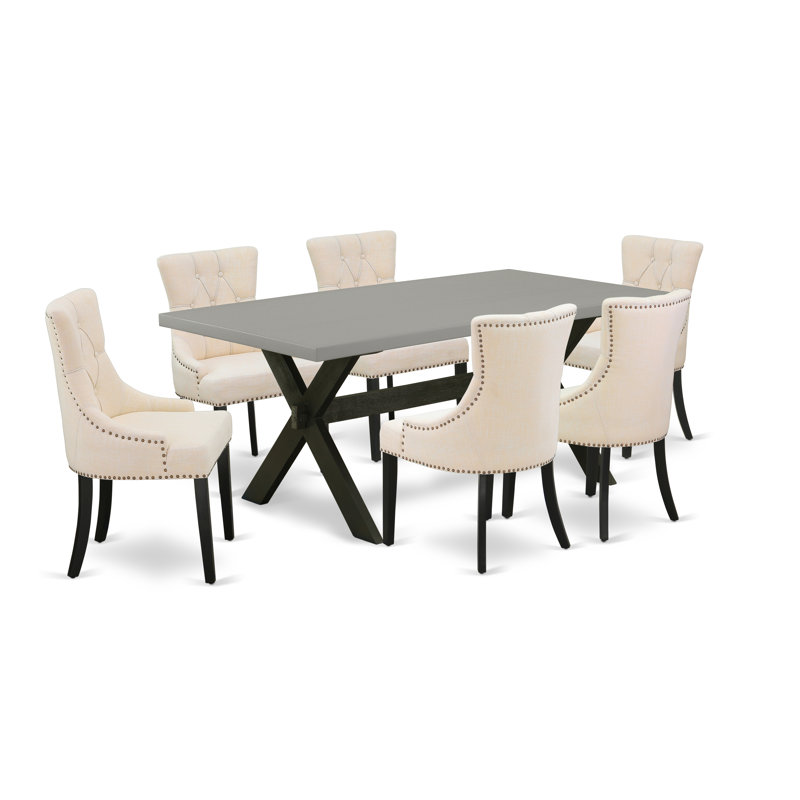7 Piece Dinette Set Consist of a Rectangle Dining Room Table with X-Legs and 6 Light Beige Linen Fabric Parson Dining Chairs, Wire brushed Black