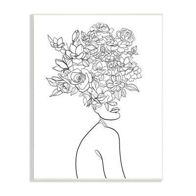 " Slouching Woman Elegant Bouquet Hair Minimal Linework "
