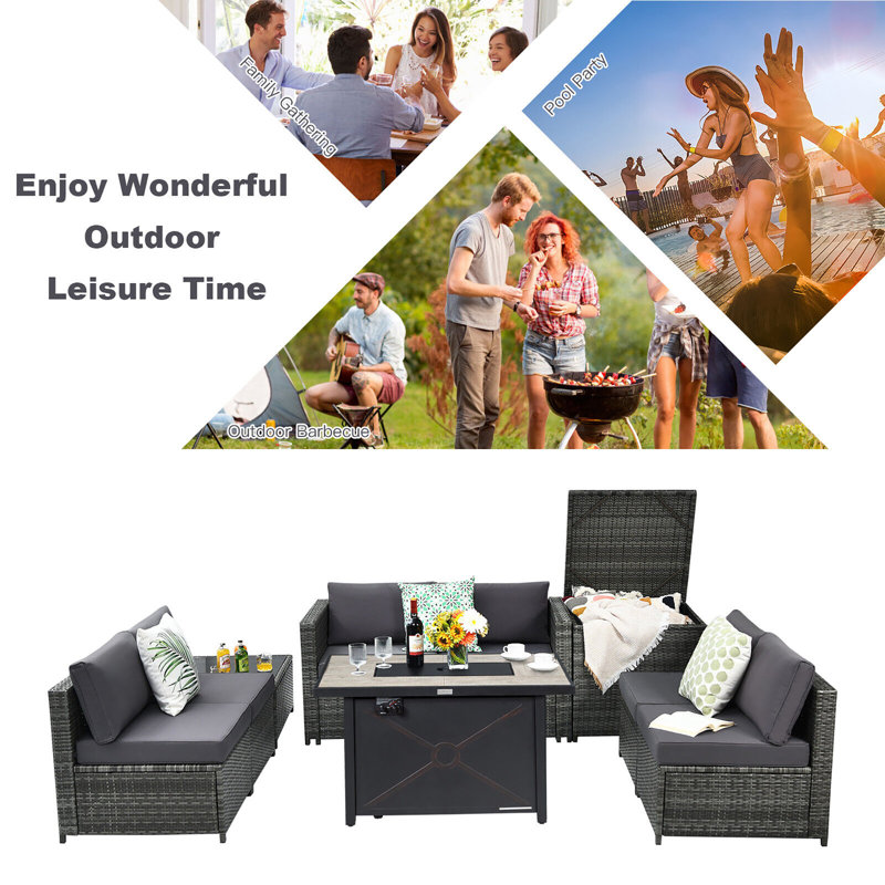 Ensemble de conversation modulaire en rotin 9 pièces avec coussins Amrooti, Gris