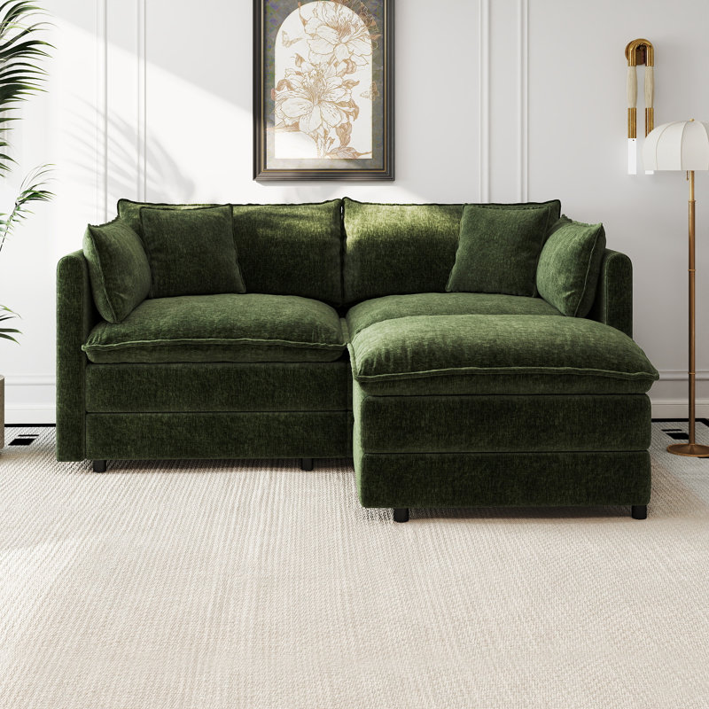 Canapé-lit en chenille moderne avec repose-pieds, H 33,85 po x l 77,16 po x P 35,82 po, Chenille verte