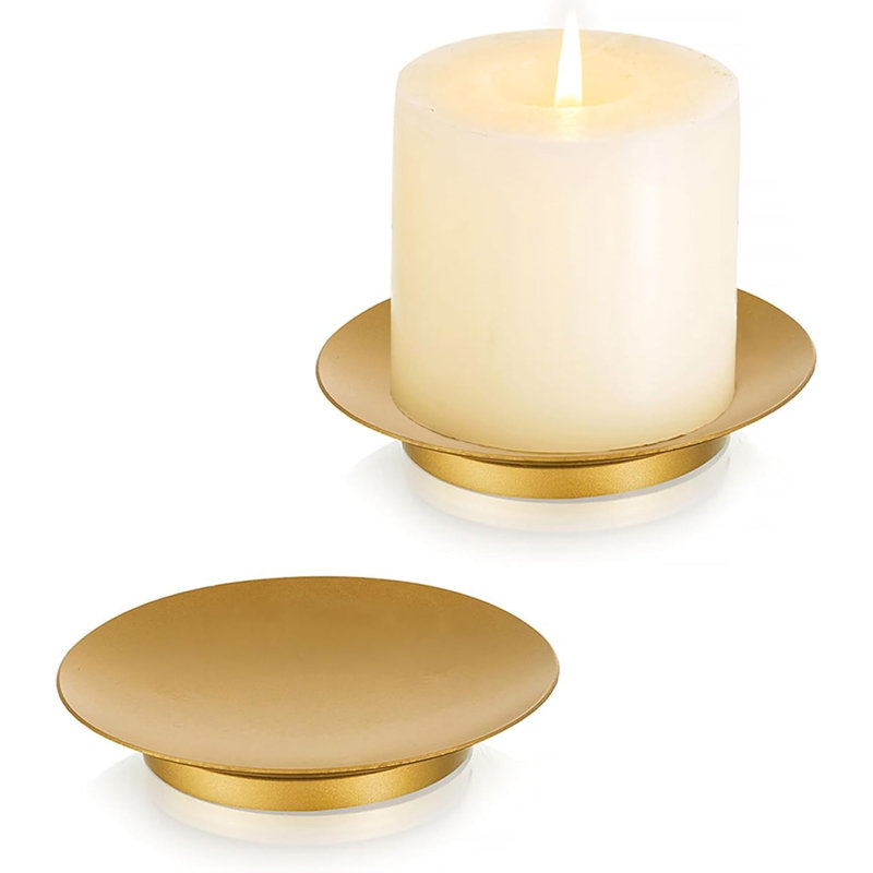 Gold Metal Pillar Candle Holder Plates, Set Of 2