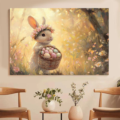 2D Flat, 1Pc Framed Canvas Wall Art, Easter Bunny, Colored Egg Wreath, Impressionist Countryside Style Art Print Canvas Poster Painting Room Wall Deco