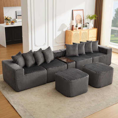 Canapé modulaire gris en forme de U à 6 places de 137,5 po, tissu en velours côtelé, charge USB et sans fil, table basse avec porte-gobelet, repose-pieds mobile, aucun assemblage requis