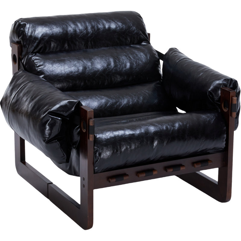 33.5" W Solid Wood & Oil Waxed Leather Mid-Century Accent Chair, Black
