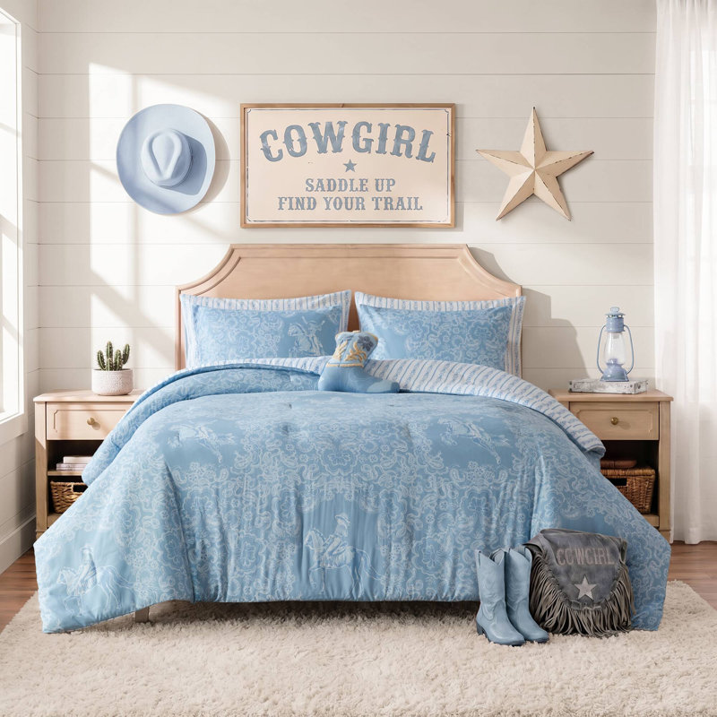 Ensemble de literie de style western cowgirl, ensemble de couette en microfibre bleue pour lit simple/simple XL