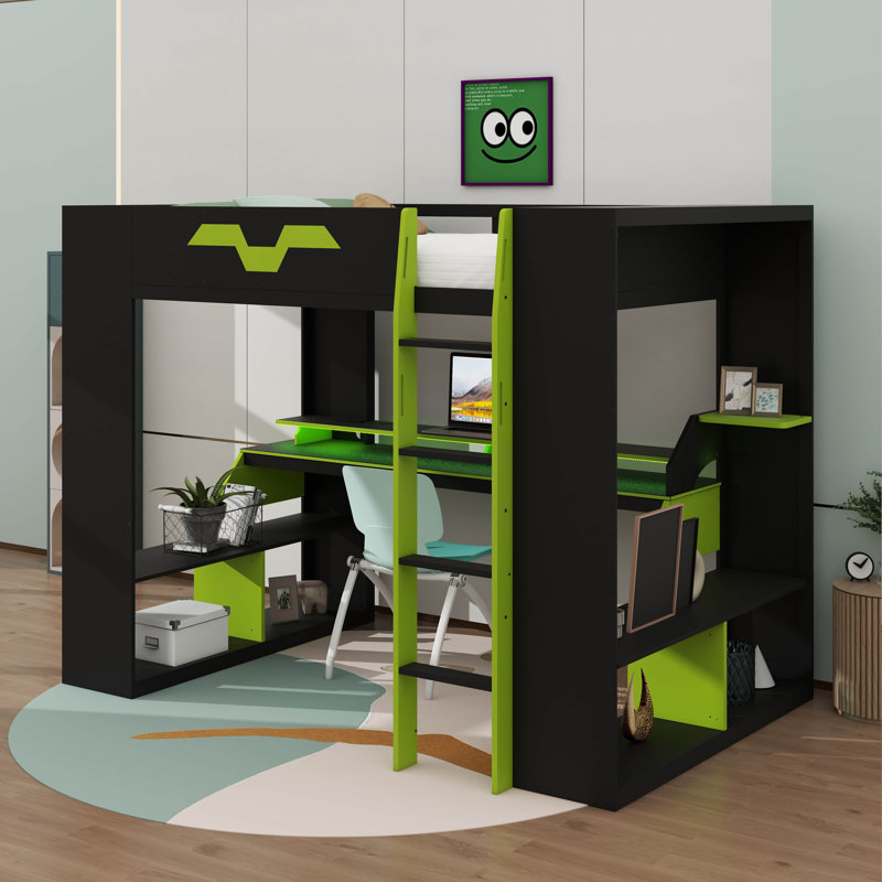 Lit mezzanine en bois avec prise de courant et ports USB / Type-C, gestion des câbles intégrée et lumière RVB, Vert