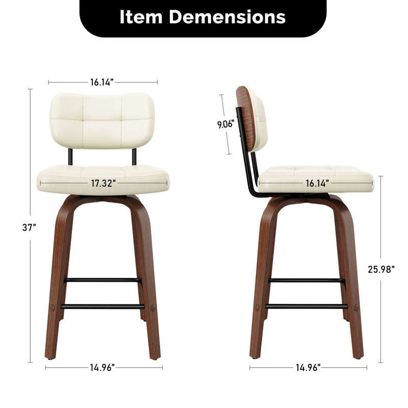 Tabourets de bar pivotants de 26 po à hauteur de comptoir, tabourets de bar en cuir courbé et dossier en bois cintré pour la cuisine (ensemble de 2)
