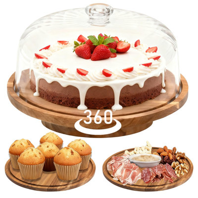 Présentoir à gâteaux en bois d'acacia avec couvercle - Présentoir à gâteaux rotatif 11,8 po