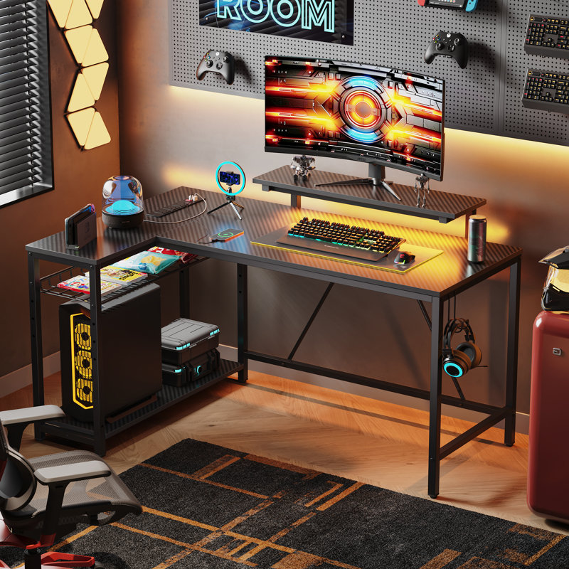 Baford L-shaped Computer Desk with Power Outlet, Gaming Desk with Monitor Stand and Shelves, Carbon Fiber Black/Black
