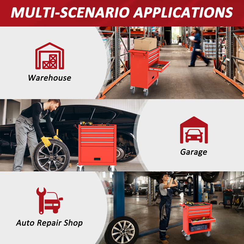 4-drawers Tool Chest With Wheels, Red