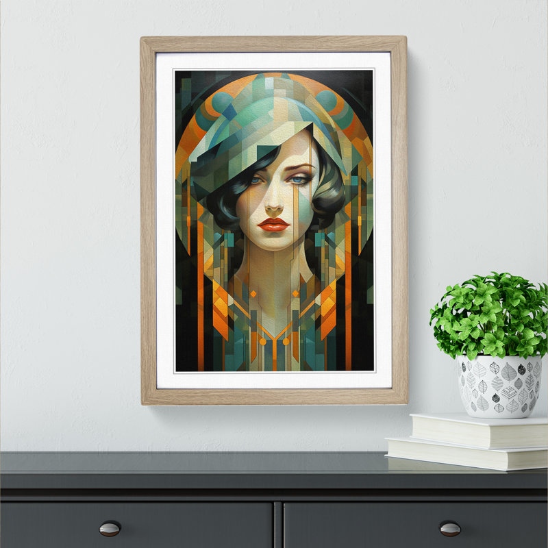 Art Deco Woman Geometric Art Framed Print, 46cm H x 34cm W, Oak Framed