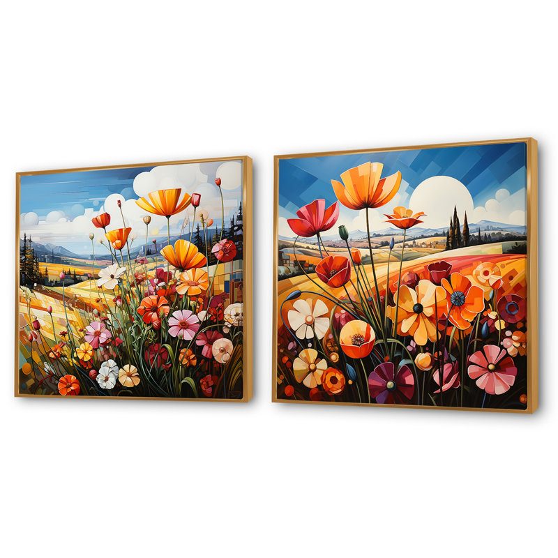 Abstrait harmonie Blooms Field - Meadow Square, ensemble de 2 collages, H 16 po x l 33 po, Cadre flottant doré