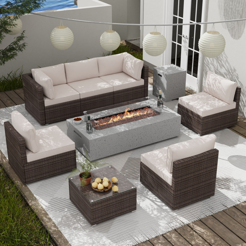 6 - Person Outdoor Seating Group with Cushions and Fire Pit Table, Beige/Dark Brown
