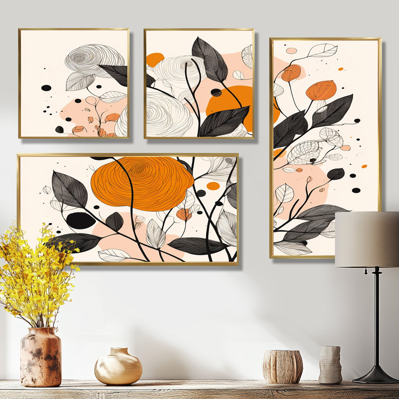 Illustration rétro rétro de fleurs sauvages en terre cuite - art mural moderne 4 pièces, Doré