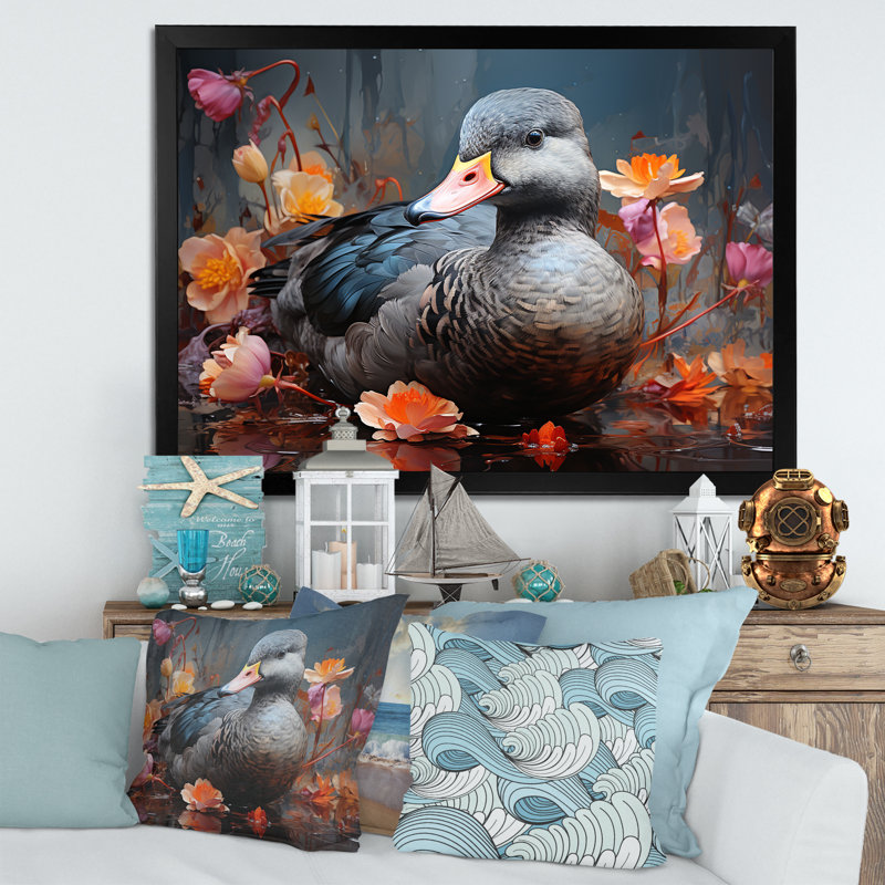 «Grey Duck», art mural canard gris, Cadre d'angle fermé noir, H 34 po x l 44 po x P 1,5 po