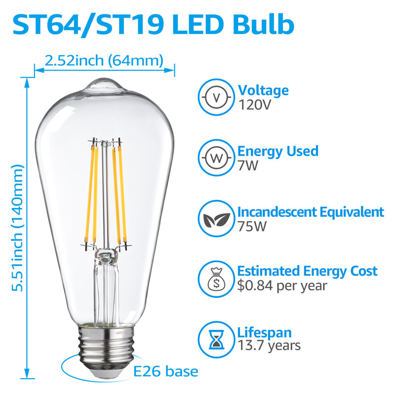 7W (75W Eqv.) ST19 LED Vintage Edison Light Bulbs, Dimmable LED Filament Light Bulb, 2700K Soft White, UL Listed, E26/E27 Medium Base