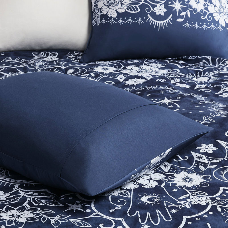 Édredon pour lit simple / simple TG - imprimé médaillon céleste, bleu marine, coussin carré
