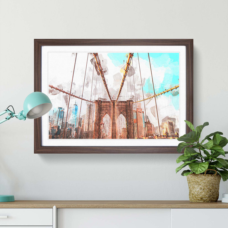 Brooklyn Bridge New York City in Abstract - Picture Frame Graphic Art Print, 27cm H x 36cm W x 2cm D, Walnut Framed