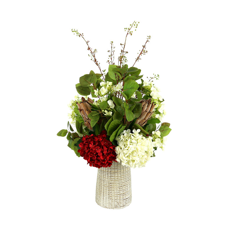 Red and White Hydrangea and Protea Floral Arrangement in Cream Clay Vase