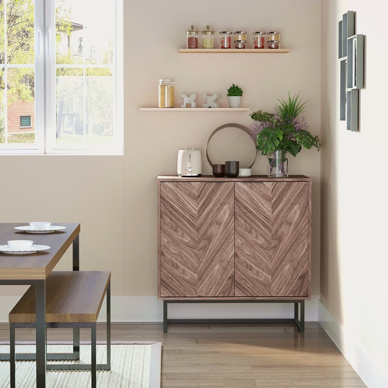 Buffet buffet, armoire de cuisine à double porte à chevrons, armoire d'appoint avec tablette réglable
