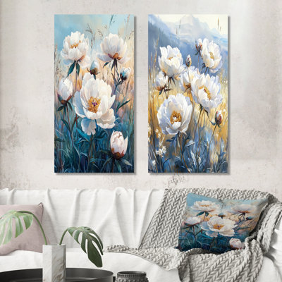 Pivoines dans le champ du matin I - décoration murale en toile florale 2 panneaux