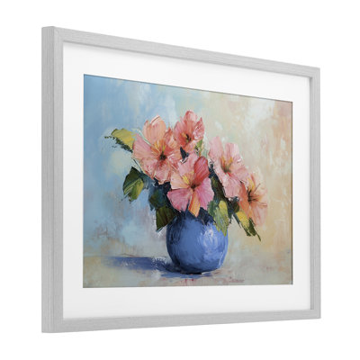 Hibiscus Flowers in Blue Vase Framed Print Under Glass, design by Gina Kelly