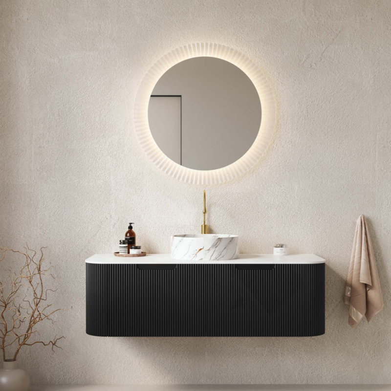 Meuble-lavabo de salle de bain mural avec lavabo, bords courbés et rayé avec 2 tiroirs, lavabo rond en céramique avec motif de pierre, pré-assemblé