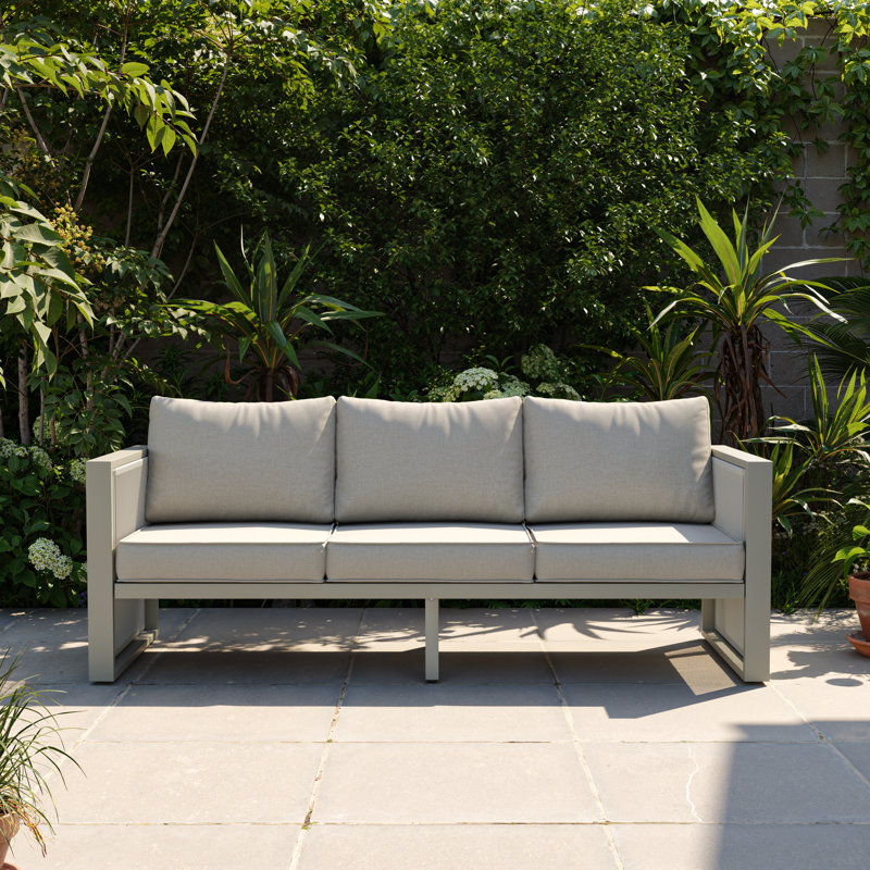  Aluminum 3-Seater Sofa With Cushions, Featuring Decorative Pull Cord Detailing, Beige Cushion/White Frame