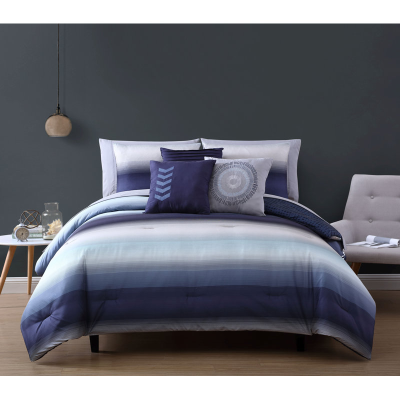 Ensemble d'édredon réversible en microfibre , Très grand édredon + 9 pièces supplémentaires, Bleu marine/gris