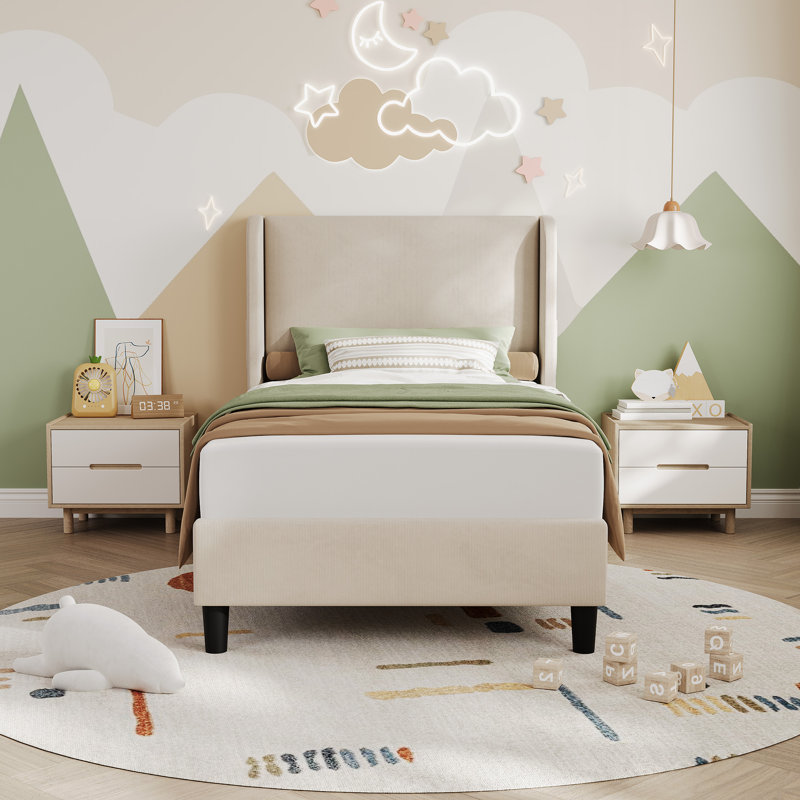 Structure de lit plateforme avec tête de lit tapissier à oreilles, aucun sommier tapissier requis, Lit double, Beige