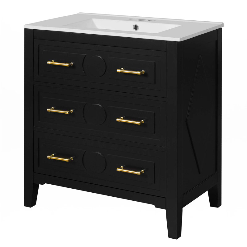Meuble-lavabo 30 po avec lavabo en céramique, Noir, Doré