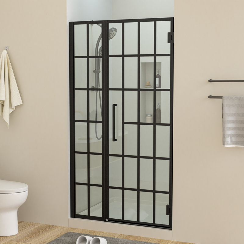 Porte de douche à charnière l 34 po x H 72 po avec porte de douche en verre trempé à sérigraphie de 10 mm (0,39 po), porte battante réversible, cloison de douche noire.