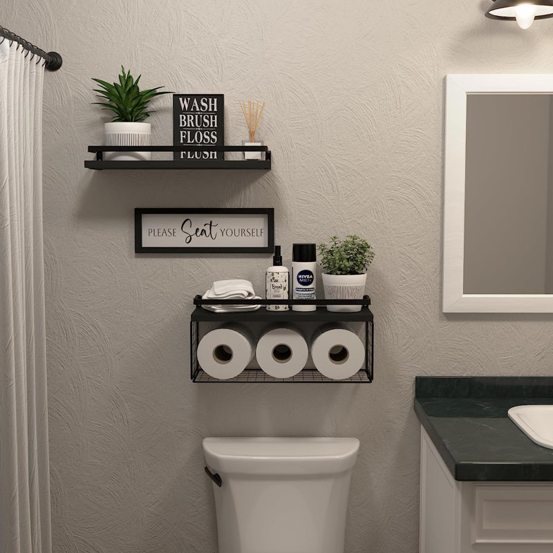 Floating Shelves with Wall Décor Sign, Bathroom Shelves Over Toilet with Wire Storage Basket, Wood Wall Shelves with Protective Metal Guardrail