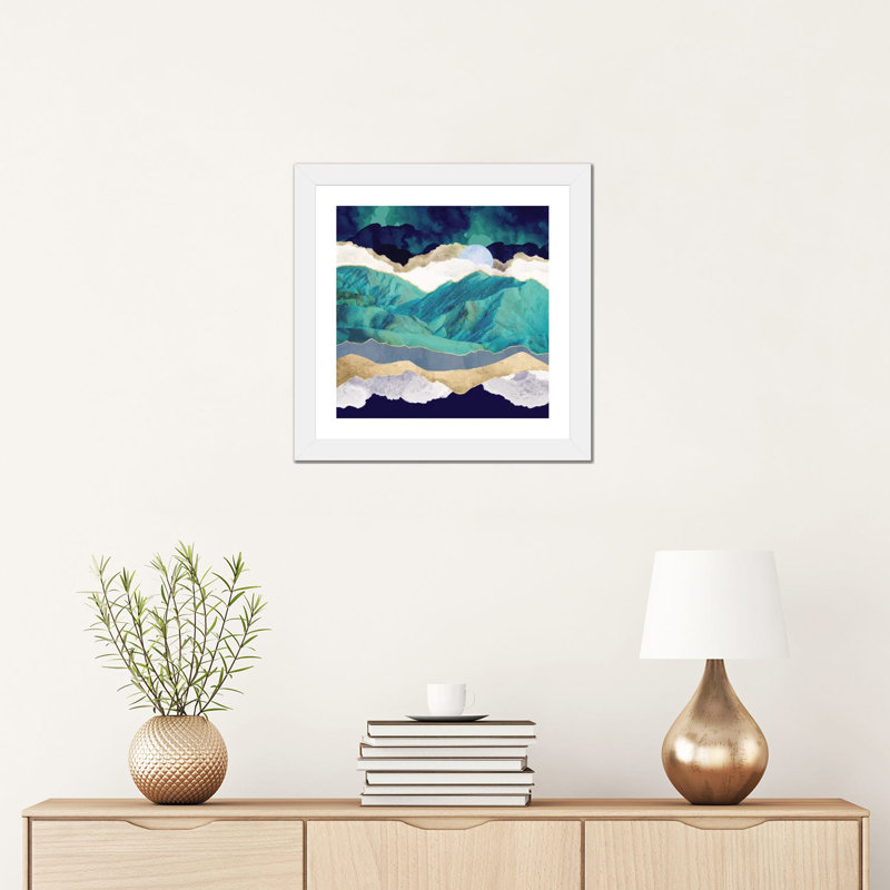 Montagnes bleu sarcelle - impression d'art graphique, H 16 po x l 16 po x p 1 po, Papier encadré blanc, Blanc