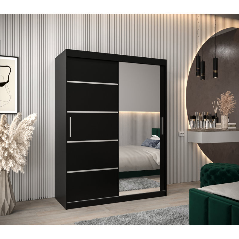 Logun 2 Door Manufactured Wood Wardrobe, Black Matt, 200cm H x 150cm W x 62cm D