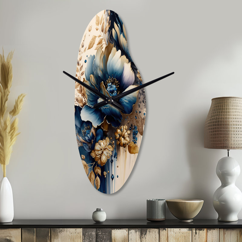 Horloge murale 3D à motif floral bleu et doré, Moyenne