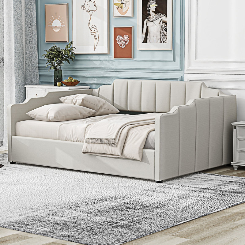 Lit de jour rembourré avec rangement inférieur, Double, Beige