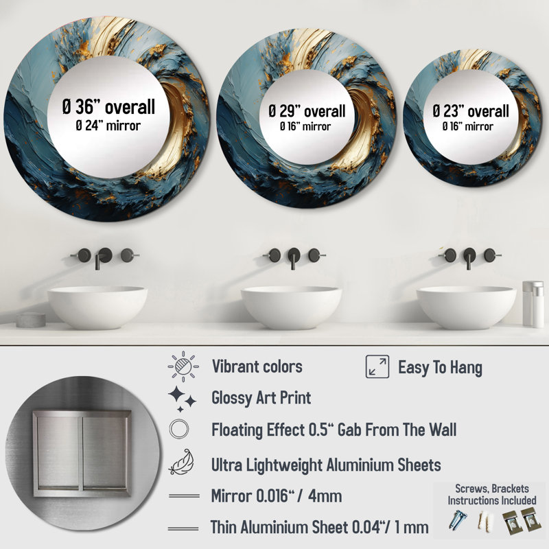 Gold And Blue Vortex Poteries - Abstract Spirals Round Mirror Wall Decor_MTMIR107290, 36" x 36"