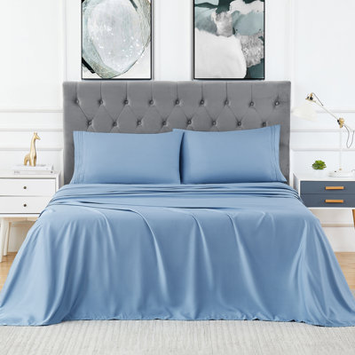 Draps de très grande taille en bambou, poche profonde pour dormeurs chauds | 100% rayonne de bambou, tissu respirant et d'évacuation de l'humidité, literie de luxe soyeuse, bleu clair