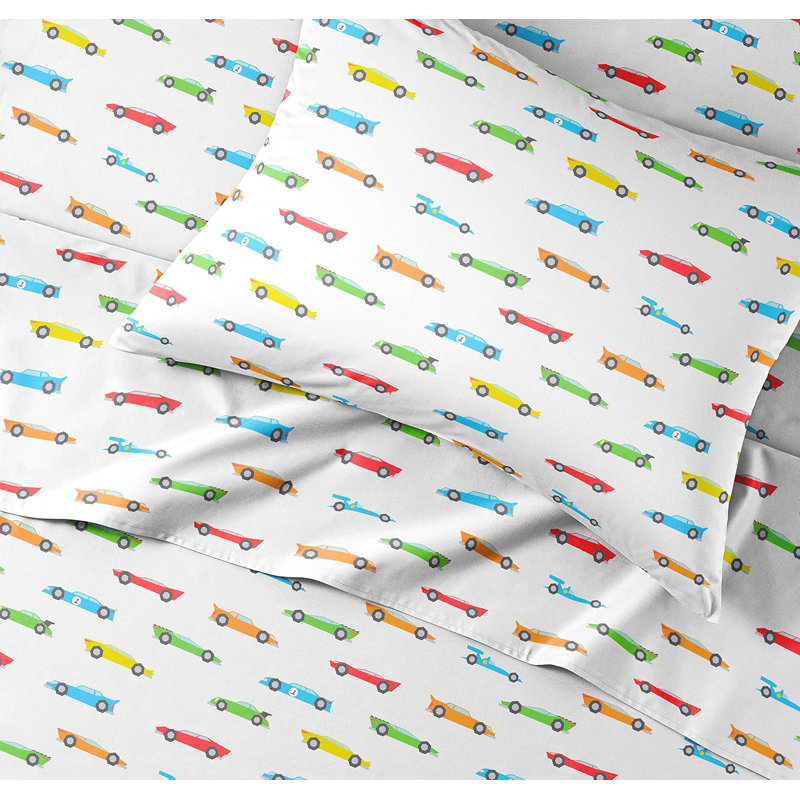 Kids Full Size White Microfiber Racecar Print Sheet Set