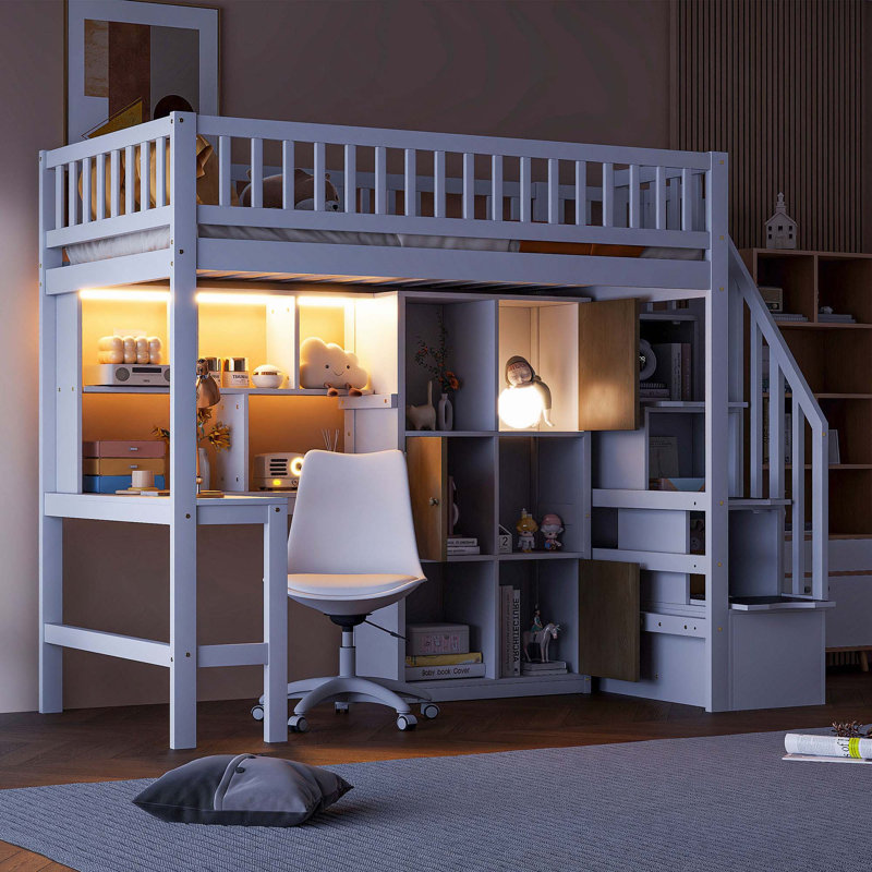Lit mezzanine en bois avec bureau intégré, DEL, tablettes de rangement, armoires et escalier, White