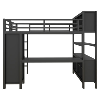 Lit mezzanine en métal avec garde-robe et bureau en forme de L, lit mezzanine avec cubes de rangement et tablettes, lit mezzanine robuste pour enfants, adolescents, adultes