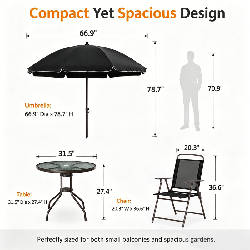 Ensemble bistro de patio 6 pièces avec 4 chaises pliantes, une table ronde en verre et un grand parasol extérieur, Black